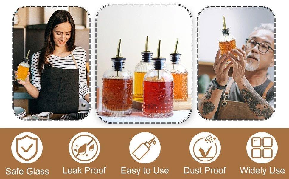 THE WELL KEPT 4 pcs Glass Coffee Syrup Dispenser,7oz Simple Glass Syrup Bottle Set,Coffee Bar Accessories with Metal Pour Spout Ideal and labels for Coffee Syrups,Coffee bar