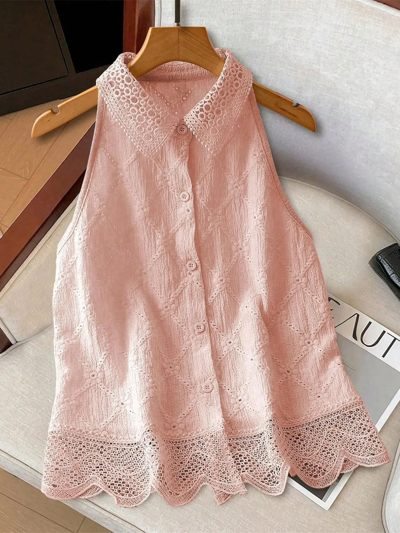 Elegant Peach Lace Collar Sleeveless Shirt Blouse for Women, Hollow Out Embroidered Single Button Hem Top, Versatile Office Wear Slim Fit