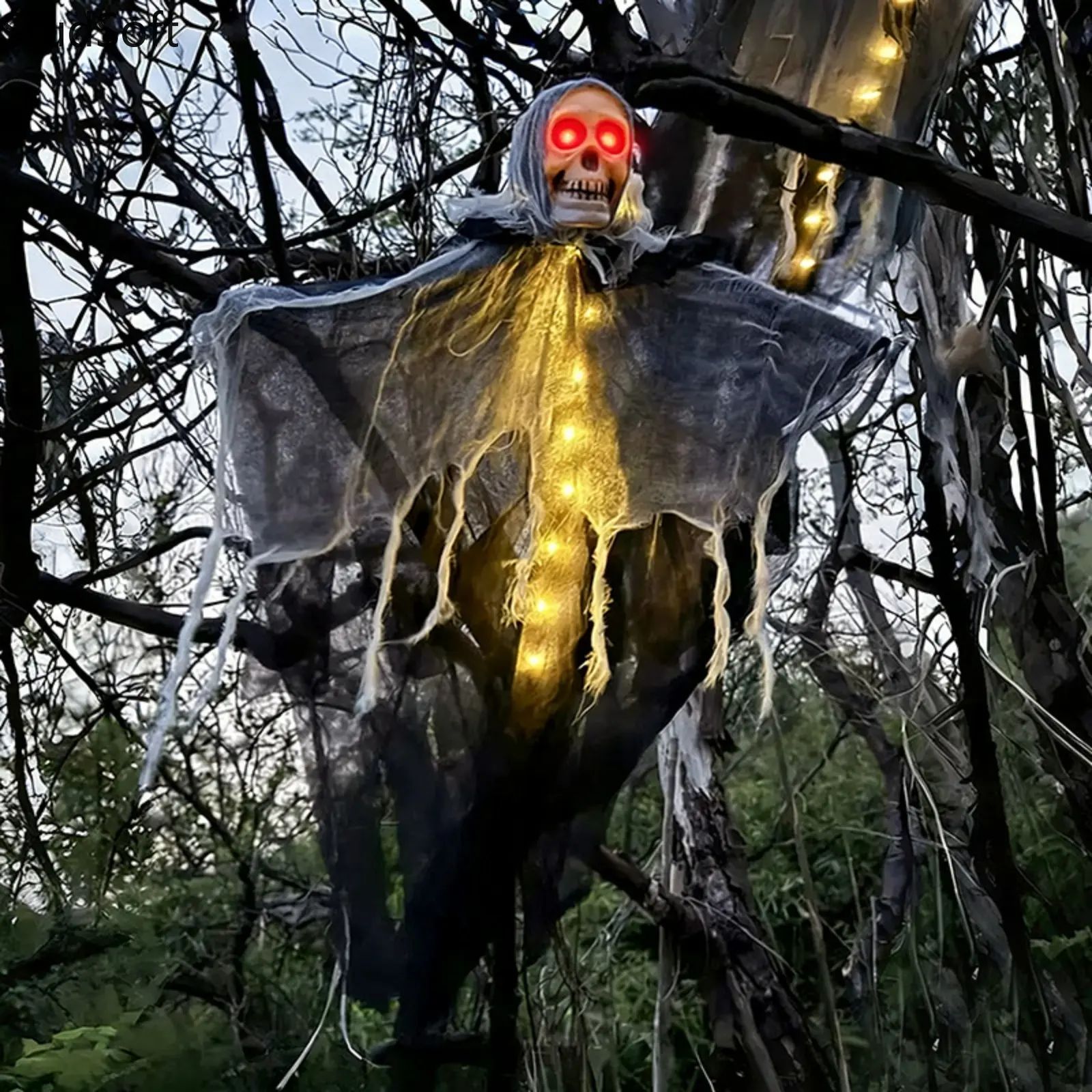 Hanging Halloween Ghost Skeleton Decor with Led Lights, Spooky Floating Grim Reaper Grimace, Creepy Yard Haunted House Outdoor Indoor Party Decoration