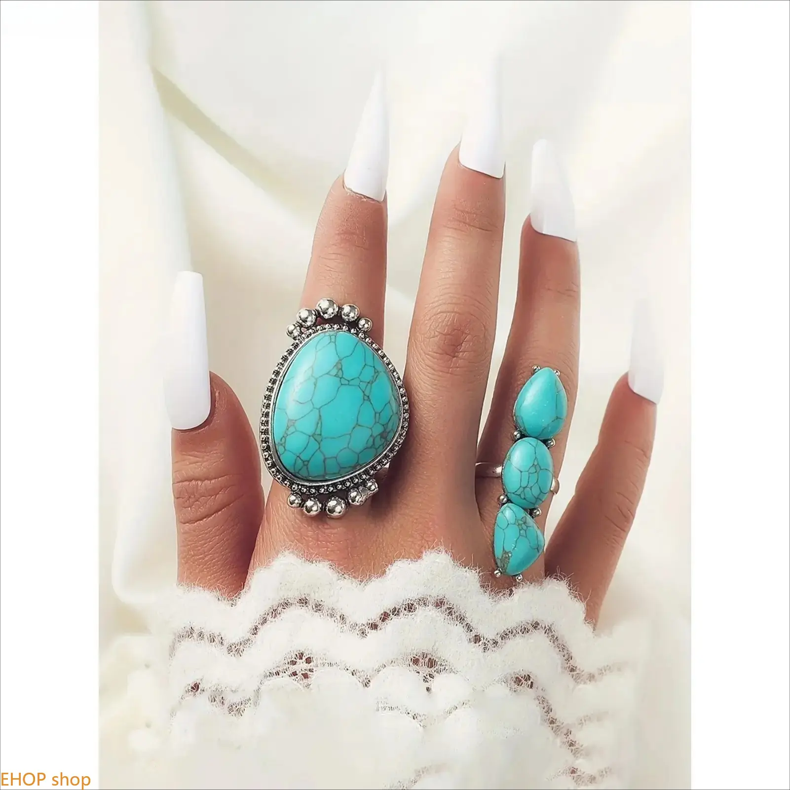 Women's Vintage Bohemian 2-Piece Large Turquoise All-Over Print Ring Set, Trendy Costume Jewelry Accessory Suitable for All Seasons