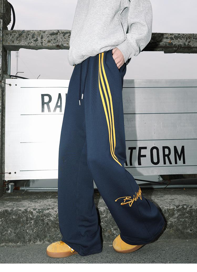 YYK Brand: Men's American Retro Casual Pants - 3-Stripe Design with 3D Waistband Trim; Spring/Autumn Straight-Leg, Loose-Fit Athletic Sweatpants