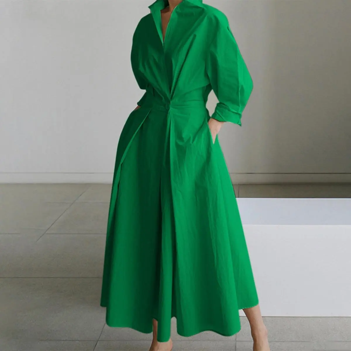 Women's Versatile Solid Collared Button Longsleeve Dress - Spring Style, Minimalist Loose-Fit Mid-Length, Elegant Small Waist Piece for Formal, Casual Commuting & Going Out Wear, Spring Fashion, Waist Design, Simple