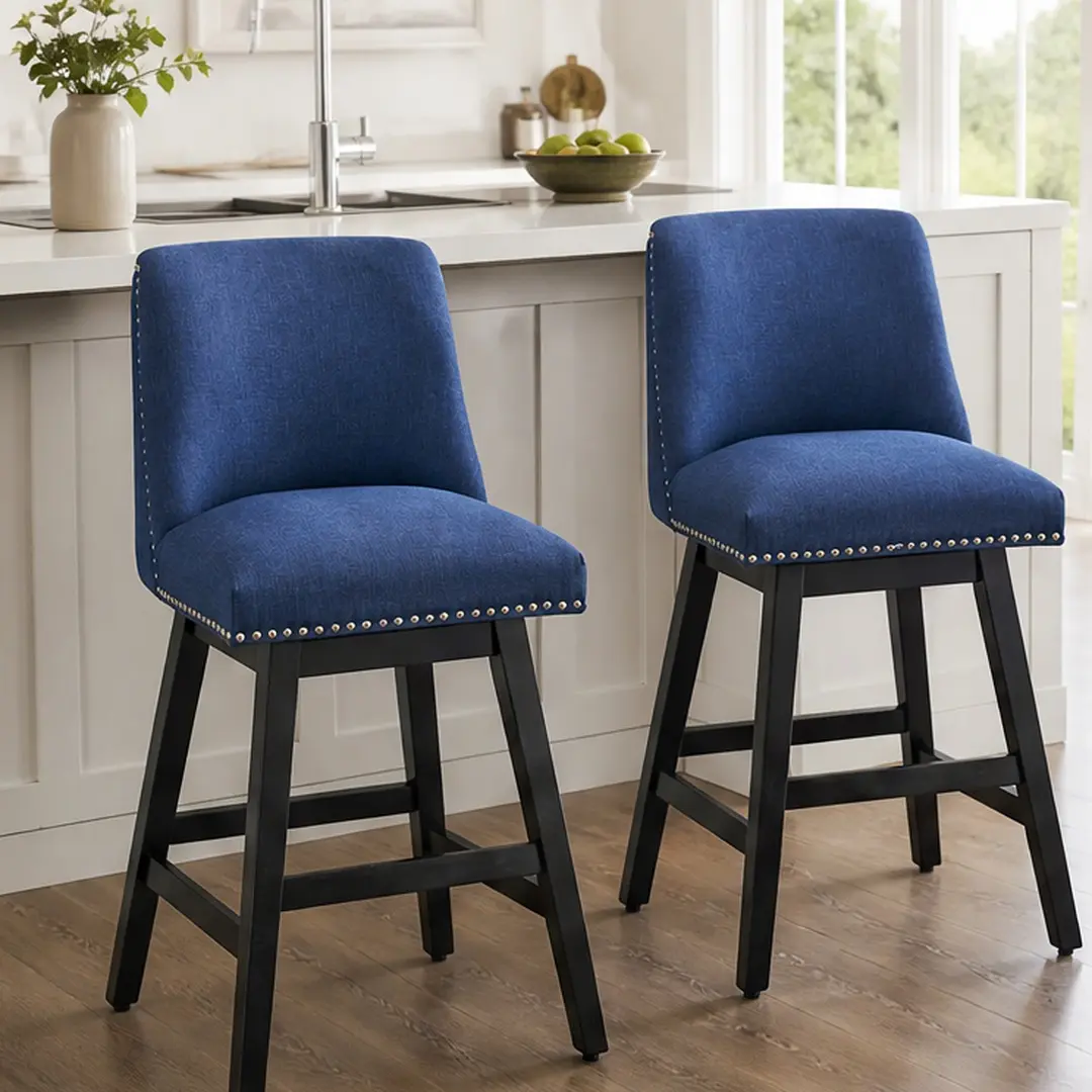ARCH Upholstered Swivel Bar Stools Set of 2, 26" Counter Height Modern Chairs with Ergonomic High Back, Linen Fabric, Rubberwood Frame, Adjustable Foot Pads for Kitchen Island Dining Room Home Bar, Dark Blue, Dark Blue Color Options