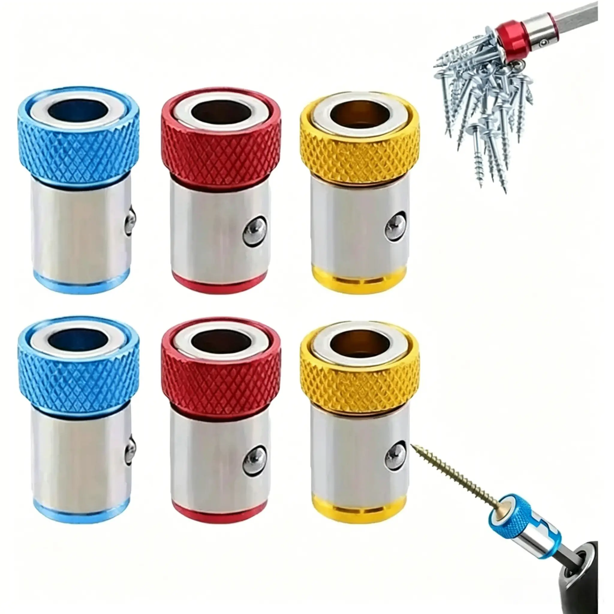 6-Pack Magnetic Bit Holders for Electric Screwdrivers, Universal Magnetized Bits, Metal Magnetic Enhancer Rings, Precision Tool Accessories, Magnetic Disc, Screwdriver Components