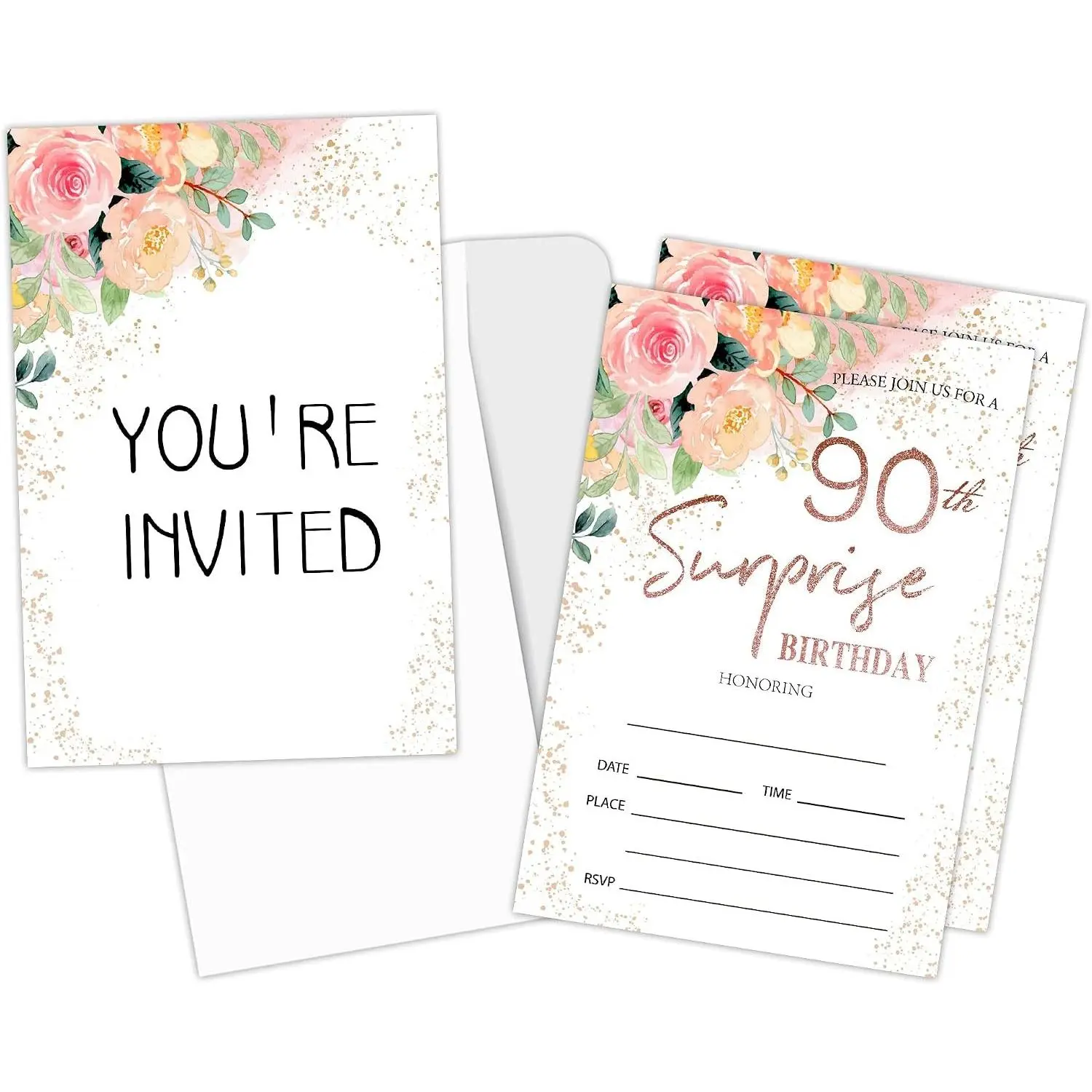 Surprise 90th Birthday Party Invitations Cards - 90 Years Old Rose Floral Pink Theme Party Supplies for Adults Women Men, 20 Fill-in Birthday Invitations with 20 Envelopes Set