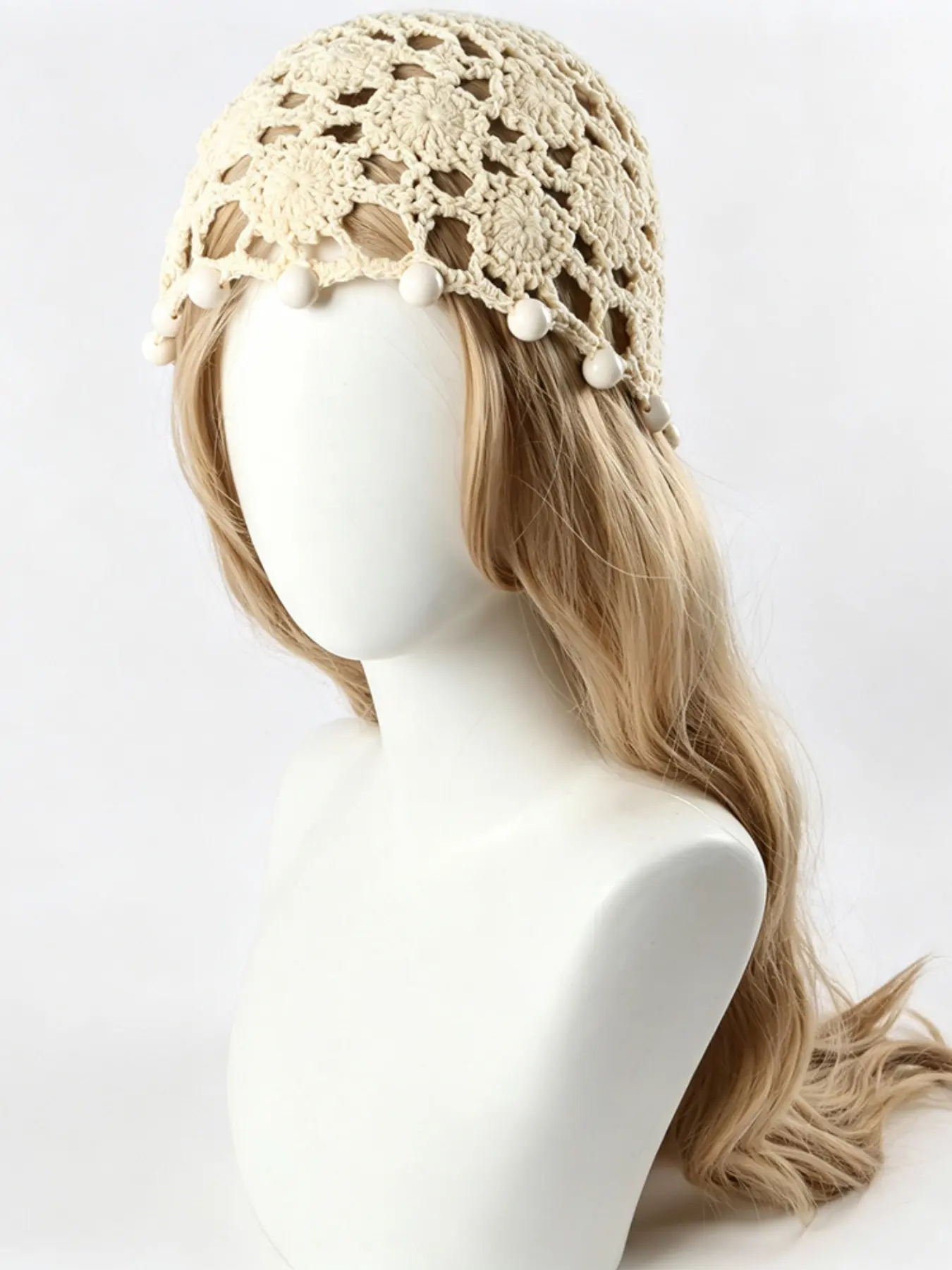 Spring Summer Lightweight Fashion Handmade Crochet Wooden Bead Cotton Yarn Hat, Women's Vintage Knit Hat, Hollow Out Slip-On Cap