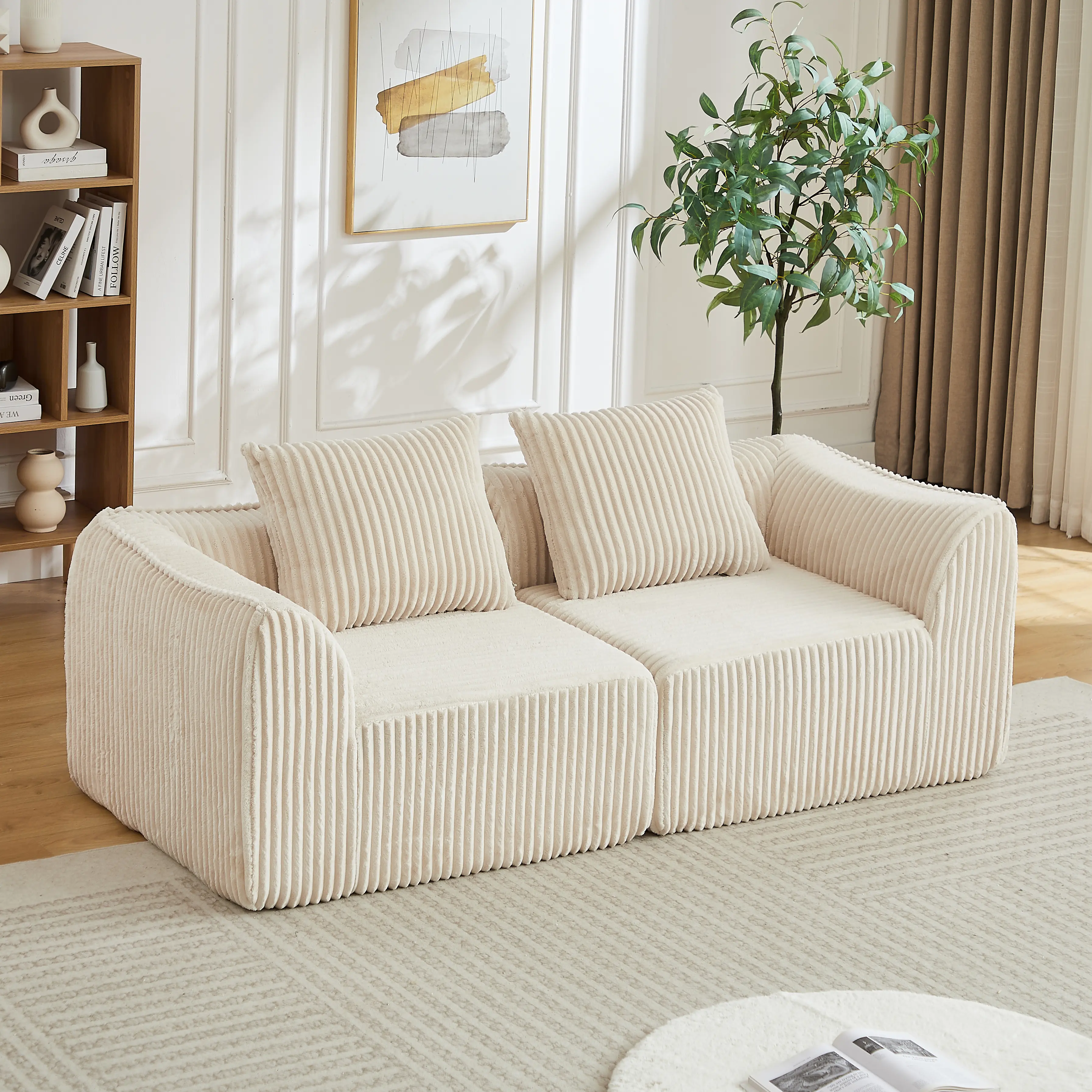 ARCH Minimalist 2-Seat Corduroy Indoor Sofa Couch - Curved Horn-Shape Throw Pillow, Beige, Foam+Spring, Sloped Backrest, Thick Wrapped Edges, No Assembly Required, for Living Room, Bedroom, Curved Pillows