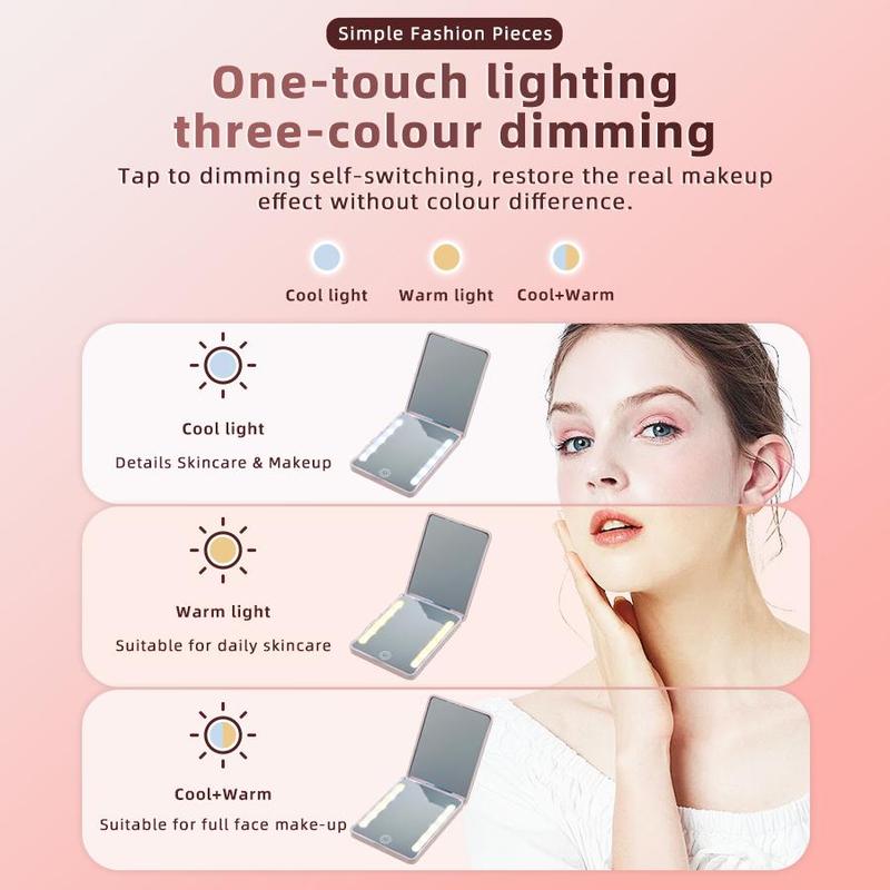 Rechargeable Pocket Mirror, LED Makeup Mirror with Light for Purse, Lighted Makeup Mirror, Double Sided 1X/2X Magnification Compact Vanity Mirror, Folding Small Portable Mirror