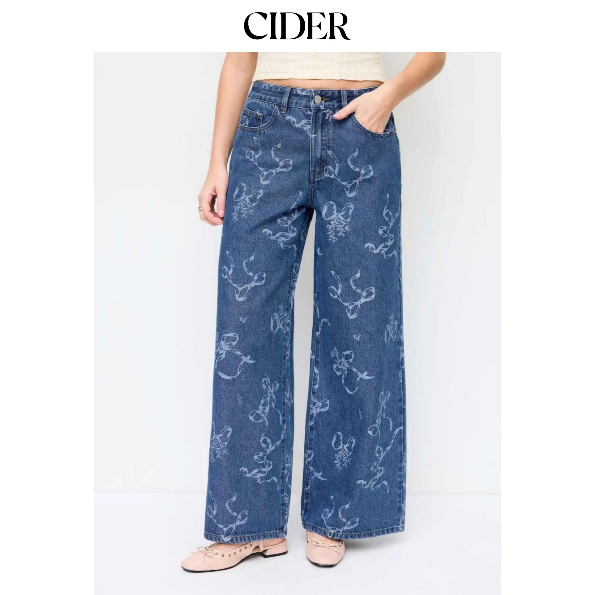 Cider Washed Denim Low Rise Bowknot Graphic Oversized Wide Leg Jeans
