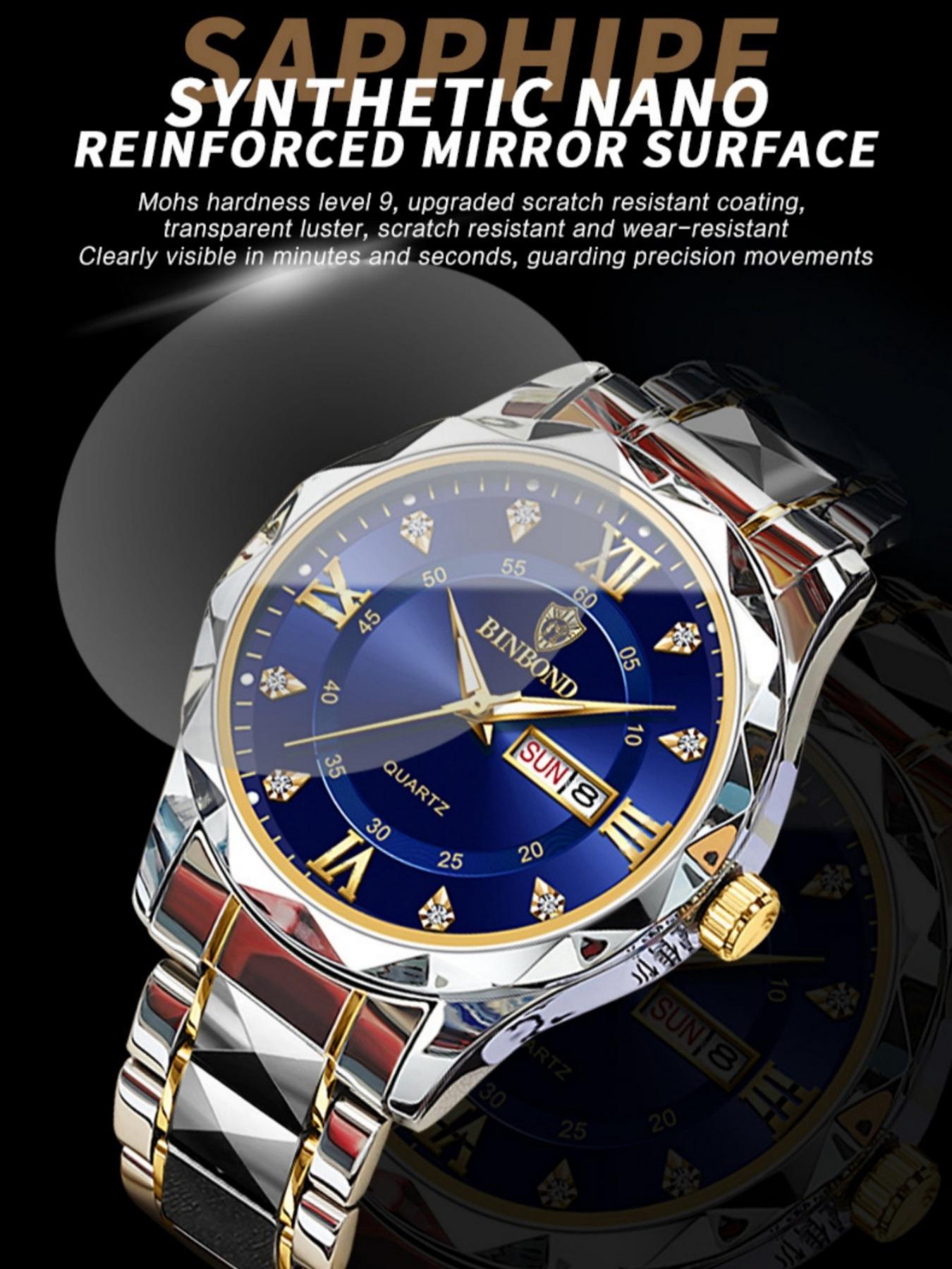 Men's Business Fashion Rhinestone Decor Analog Quartz Watch, Calendrier Waterproof Watch for Party, Daily Decor, Trendy Watch for Birthday Gift with Box, Stainless Steel Wristwatch, Rhinestone Embellished Watch
