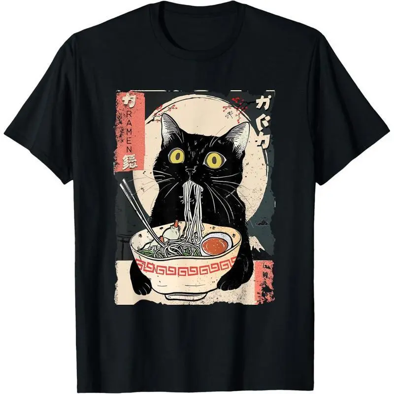 Otaku Style Kawaii Cat Ramen T-shirt for Women, Casual Loose-Fit Short Sleeve Top in 100% Soft Cotton for Teens, Super Soft Wash, Machine Wash Safe, Do Not Bleach, Streetwear, Round Neck