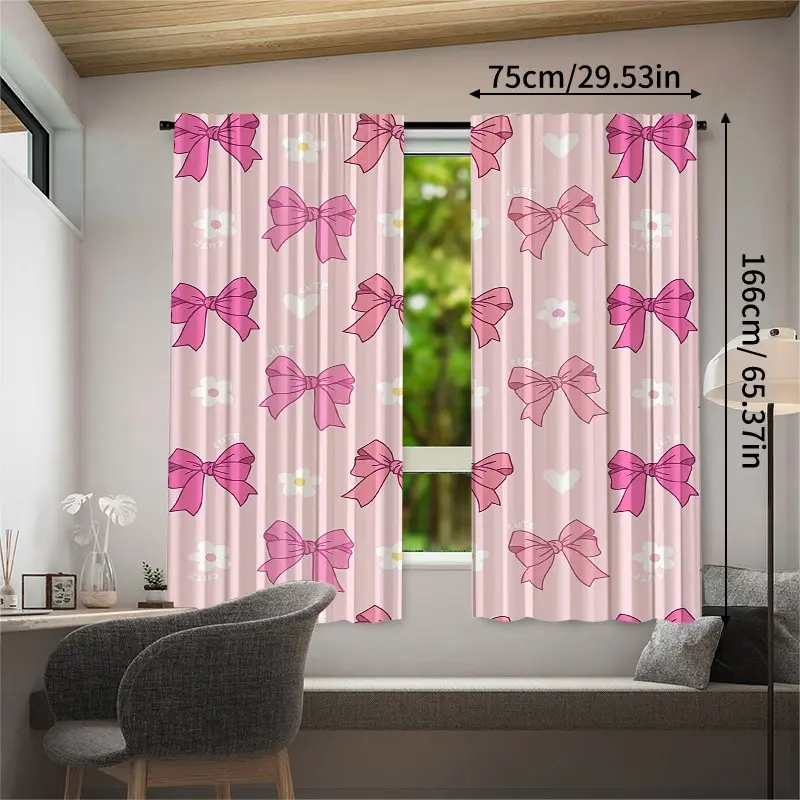 2 Pcs Cute Bow Flower Curtains, Sweet Heart Daisy Print Rod Pocket Dual Panel, Romantic Soft Home Decor, Girl Bedroom, Baby Room, Dormitory