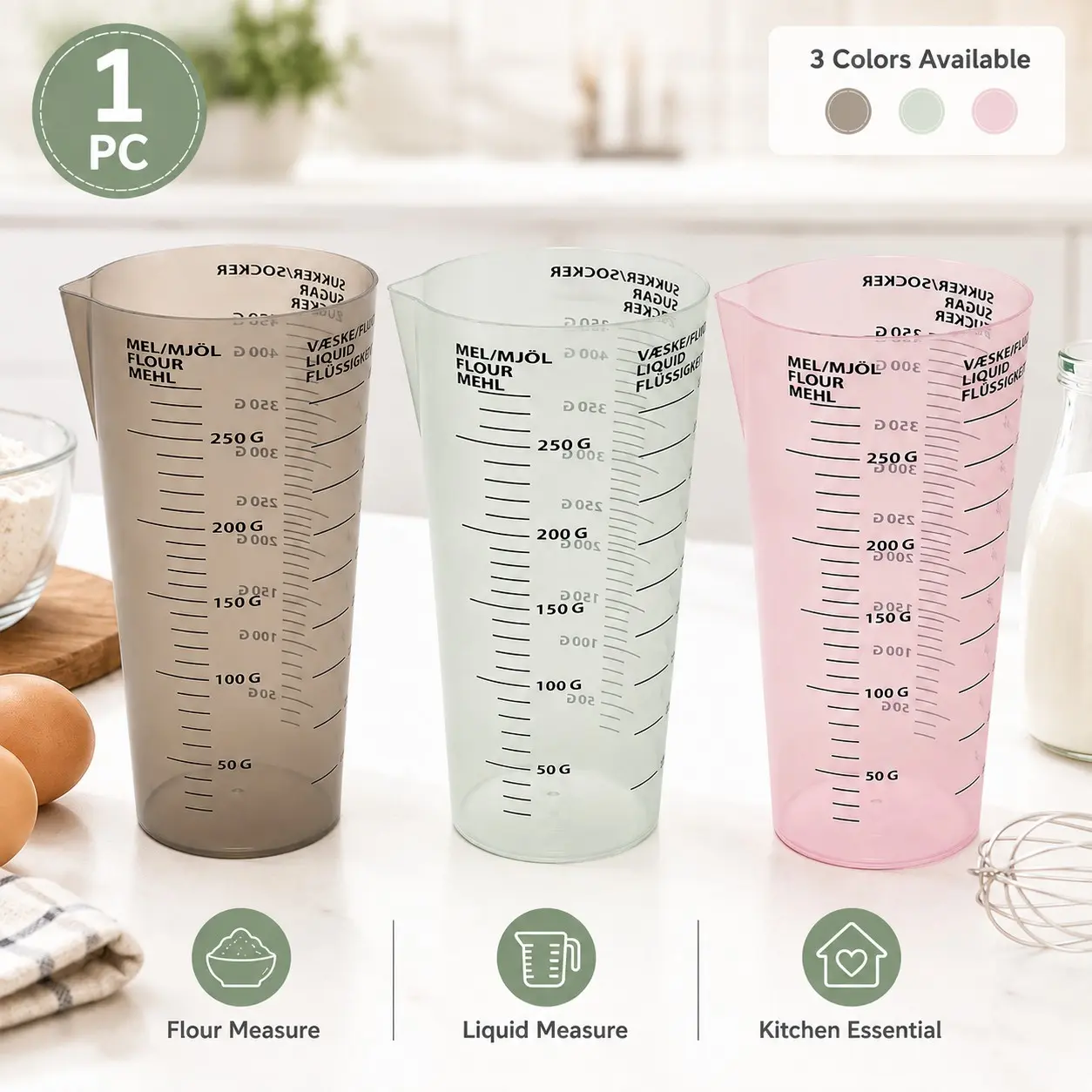 A transparent food-grade PP plastic measuring cup with a V-shaped spout, high aesthetic appeal, and multifunctional liquid measurement capabilities. Suitable for coffee shops, baking, and home cooking. A must-have kitchen tool with durable design