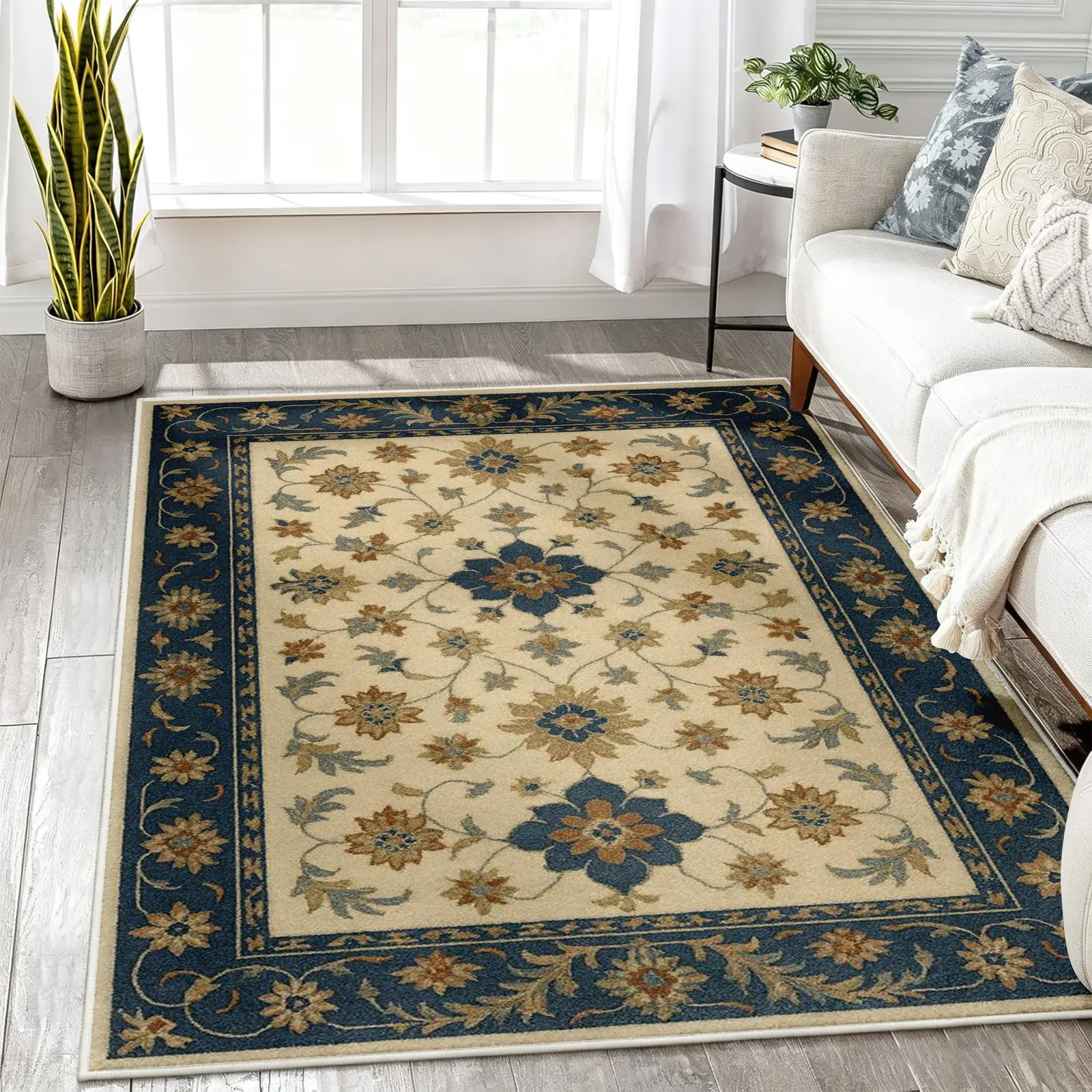 Blue and White Area Rug, Cream Center with Navy Floral Border and Symmetrical Blue & Gold Starburst Motif, Non-Slip Washable Carpet, Soft Durable Floor Mat, Aesthetic Rugs for Living Room Bedroom Home Decor, 8 x 10 ft Area Rugs
