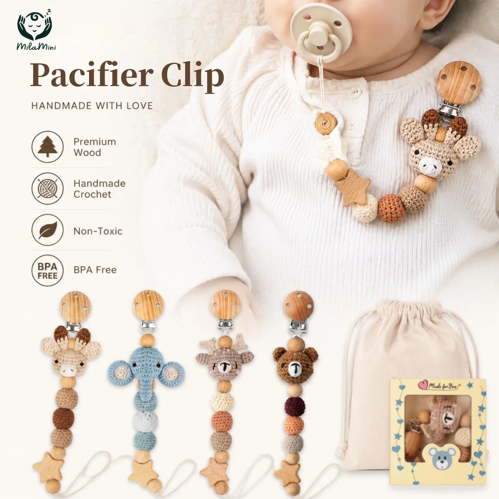 Milamini Handmade Crochet Elephant Pacifier Clip, BPA Free Natural Wood Soother Holder, Non Toxic Baby Teether Toy Clip, Universal Pacifier Leash for Newborn Boys Girls, Baby Shower Gift Essentials