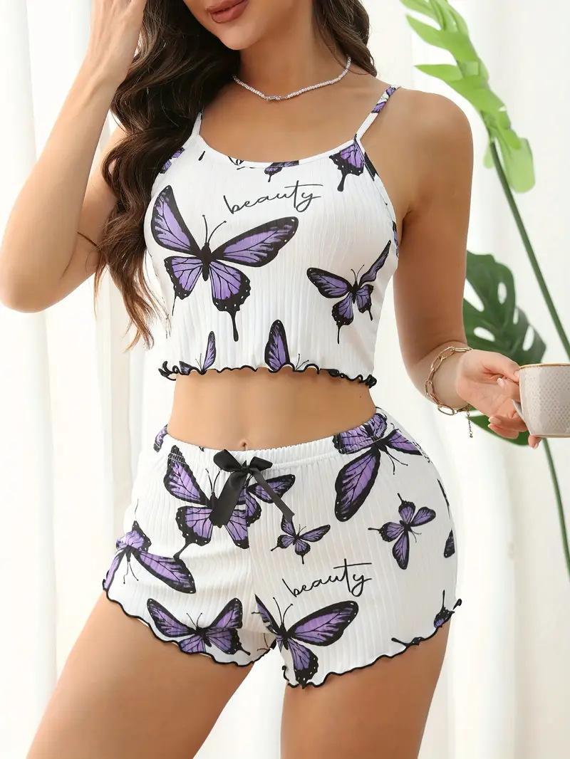 Women's Summer Ice Silk Pajamas Set Butterfly Print Spaghetti Strap Loungewear Set
