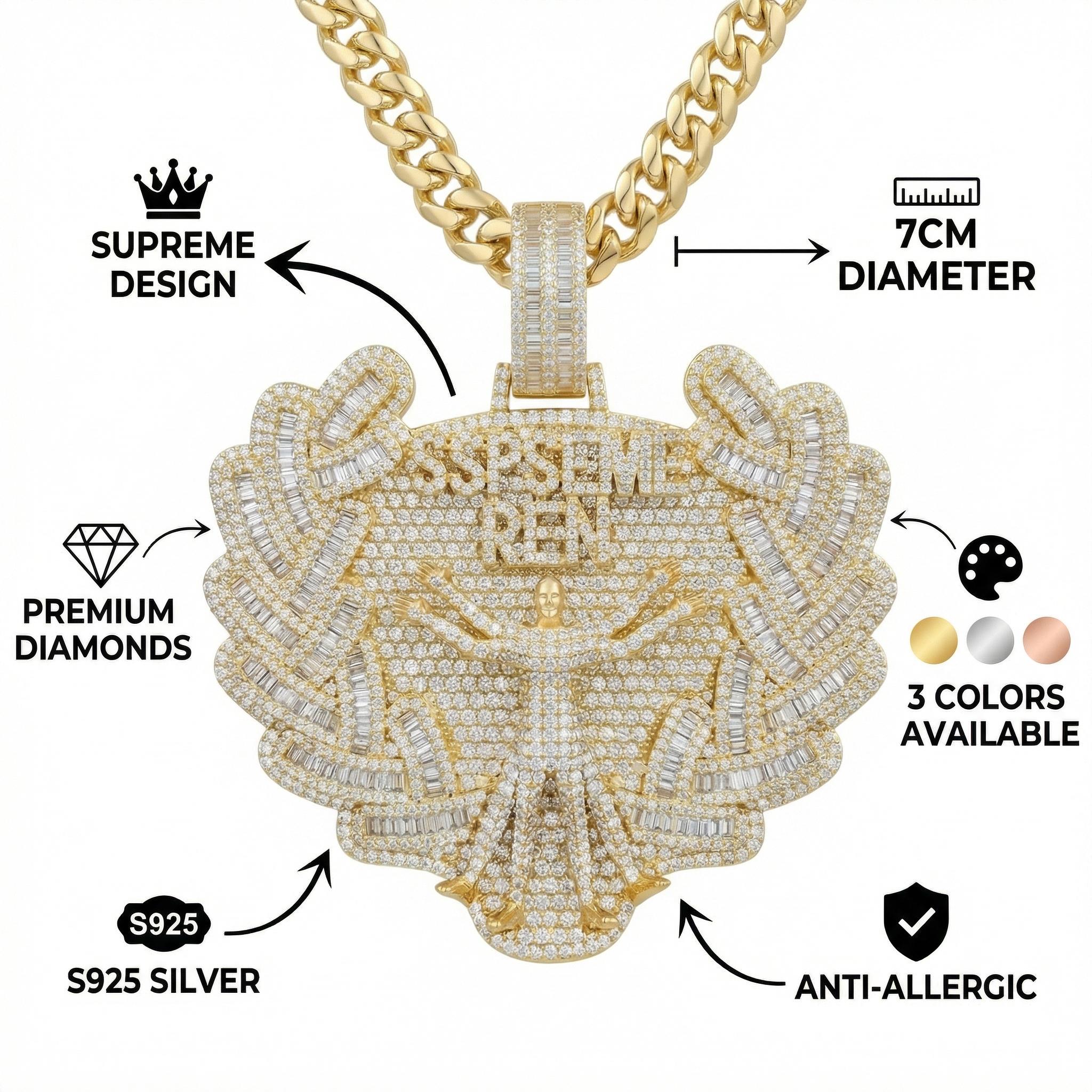 Diamond Pendant Necklace S925 Silver - 7CM Luxury Hip Hop Jewelry with Cuban Chain - Gold/Silver/Rose Gold - Men Women Street Style Bling Iced Out Pendant