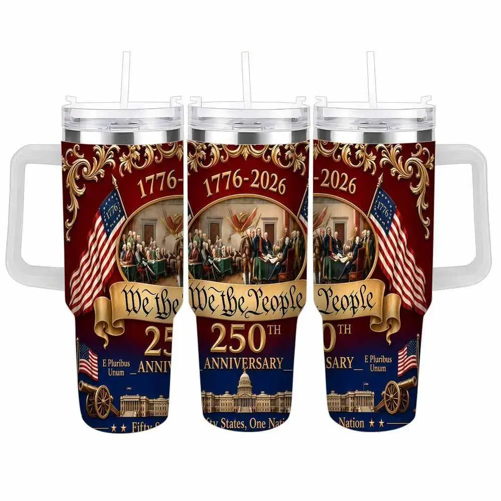 We The People 250th Anniversary Patriotic Insulated Tumbler - 20oz/30oz/40oz American Independence Print, Double Wall Stainless Steel, Leakproof Aesthetic Lid, Portable Straw-Included Emotional Support Water Bottle, Father's Day Gift
