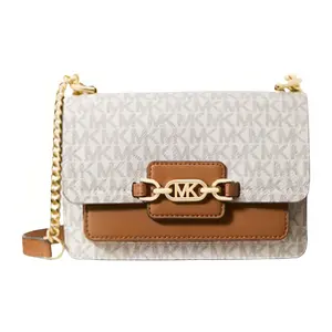 Michael Kors MK Monogram Canvas Crossbody Bag for Women, Classic Vanilla White and Acorn Brown