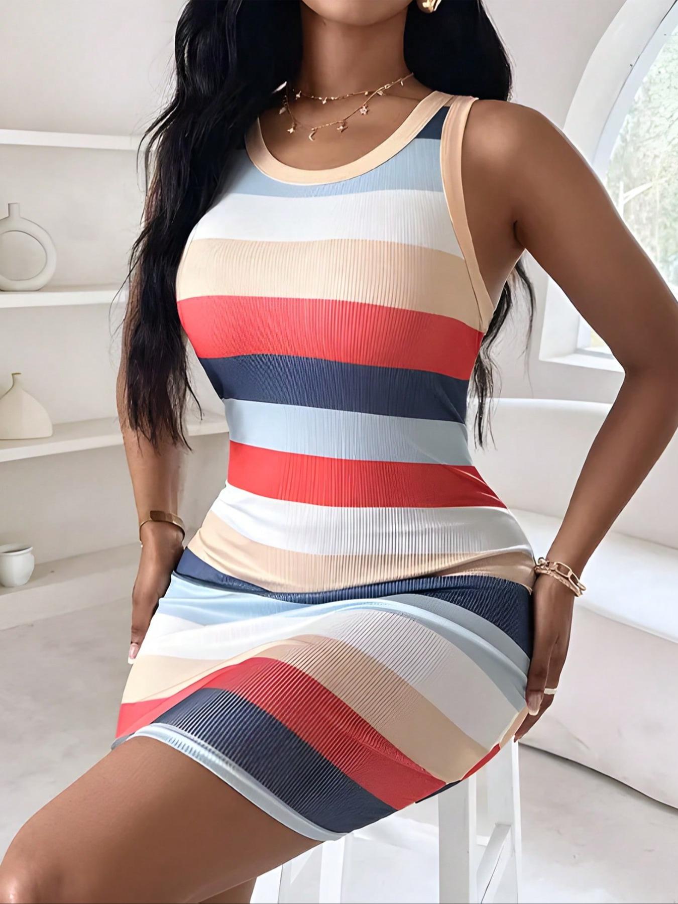 Women's Striped Print Round Neck Ribbed Tank Dress, Casual Boho Chic Sleeveless Mini Dress for Spring & Fall, Womenswear for Daily Wear, Casual Boho Fit