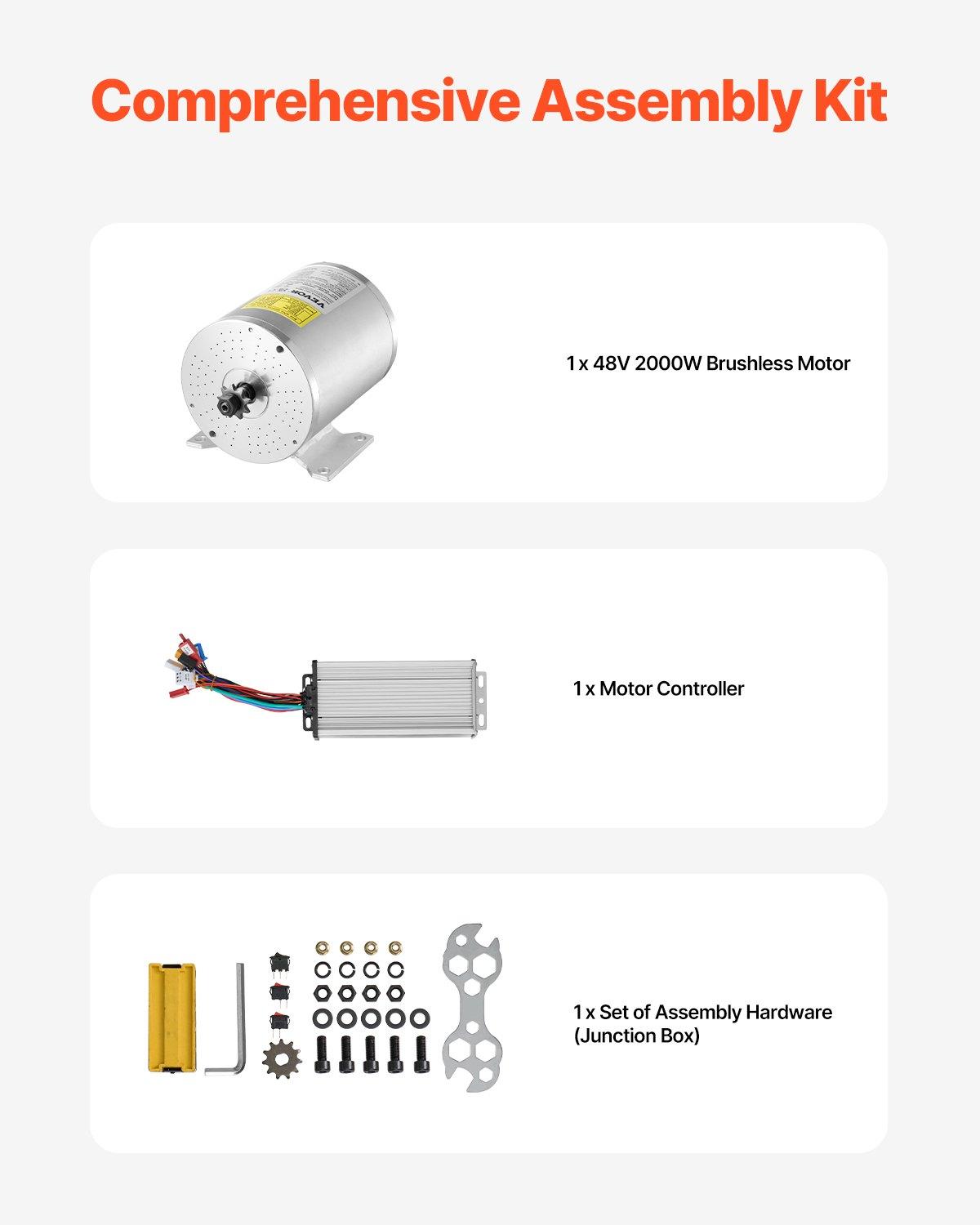 VEVOR 2000W Electric Brushless DC Motor Kit - 48V 4300rpm Motor with Upgraded Speed Controller for Go Karts E-Bike Motorcycle Scooter