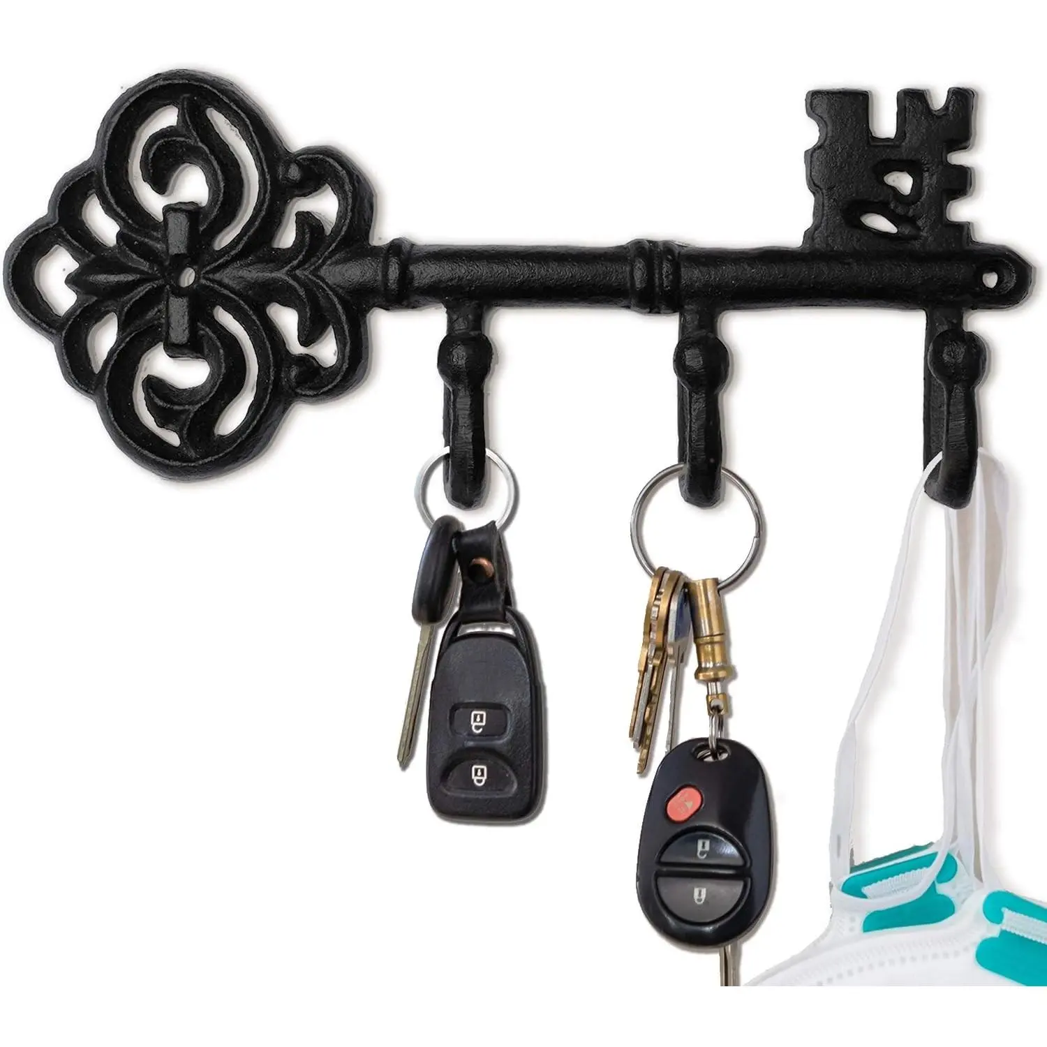 Decorative Antique Black Cast Iron Wall Key Holder with 3 Rustic Hooks, 8.75 x 3.5 Inches, Giftable Packaging, Matching Screws and Anchors Included(Gift)
