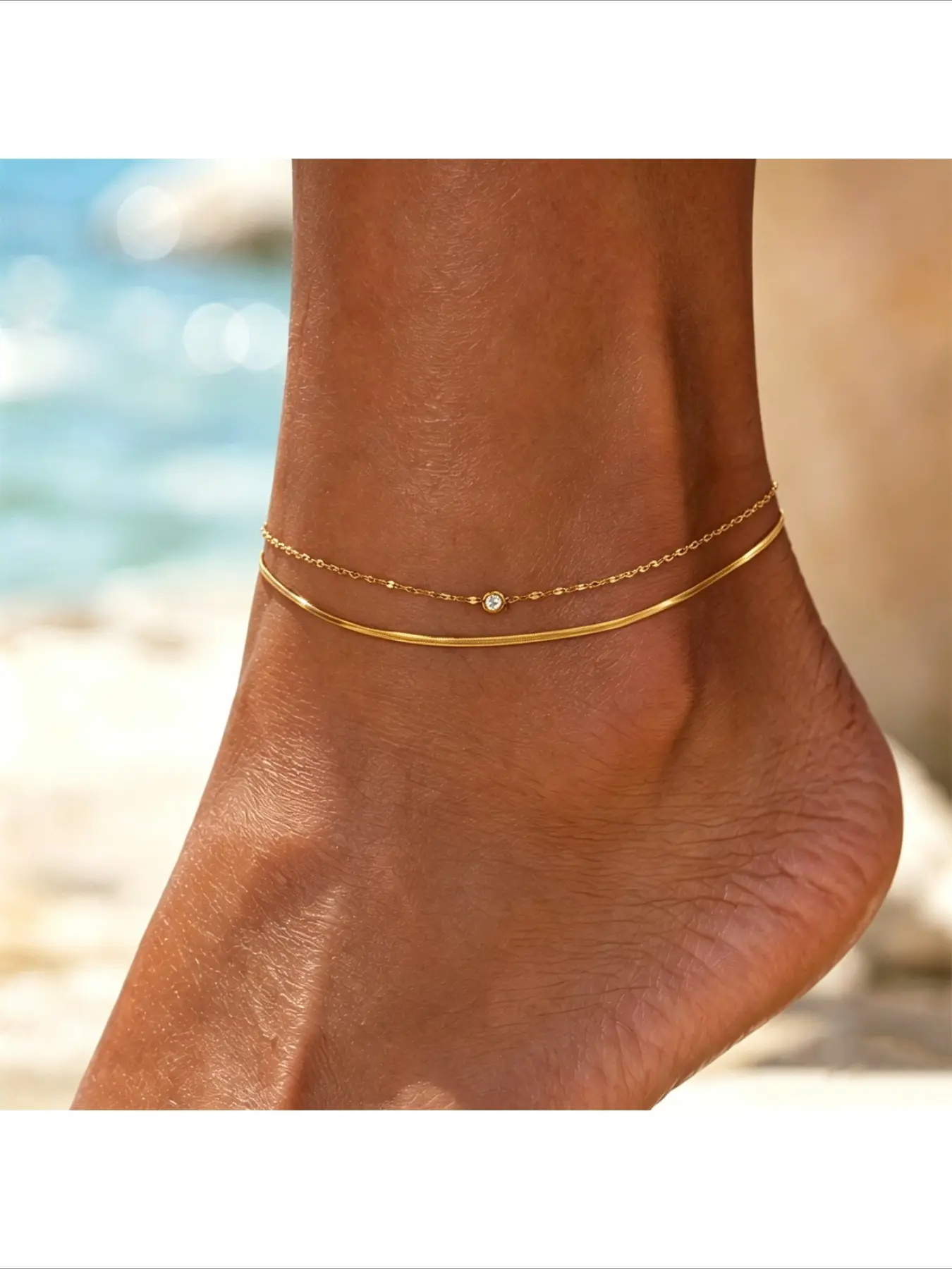 Non-Tarnish Stainless Steel Gold Anklet for Women, Waterproof Showerproof Double Layer Ankle Bracelet, Minimalist Luxury Everyday Layering Foot Jewelry, Trendy Jewelry, Accessories