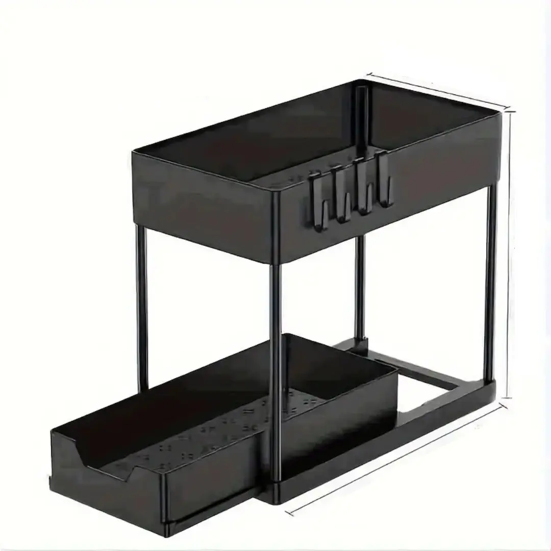 Black Under Sink Storage Shelf With Hooks, Space Saving Cabinet Organizer, Multi-Purpose Bottom Rack For Kitchen Cabinets Bathroom Vanity, Under Sink Organizer For Pantry Storage