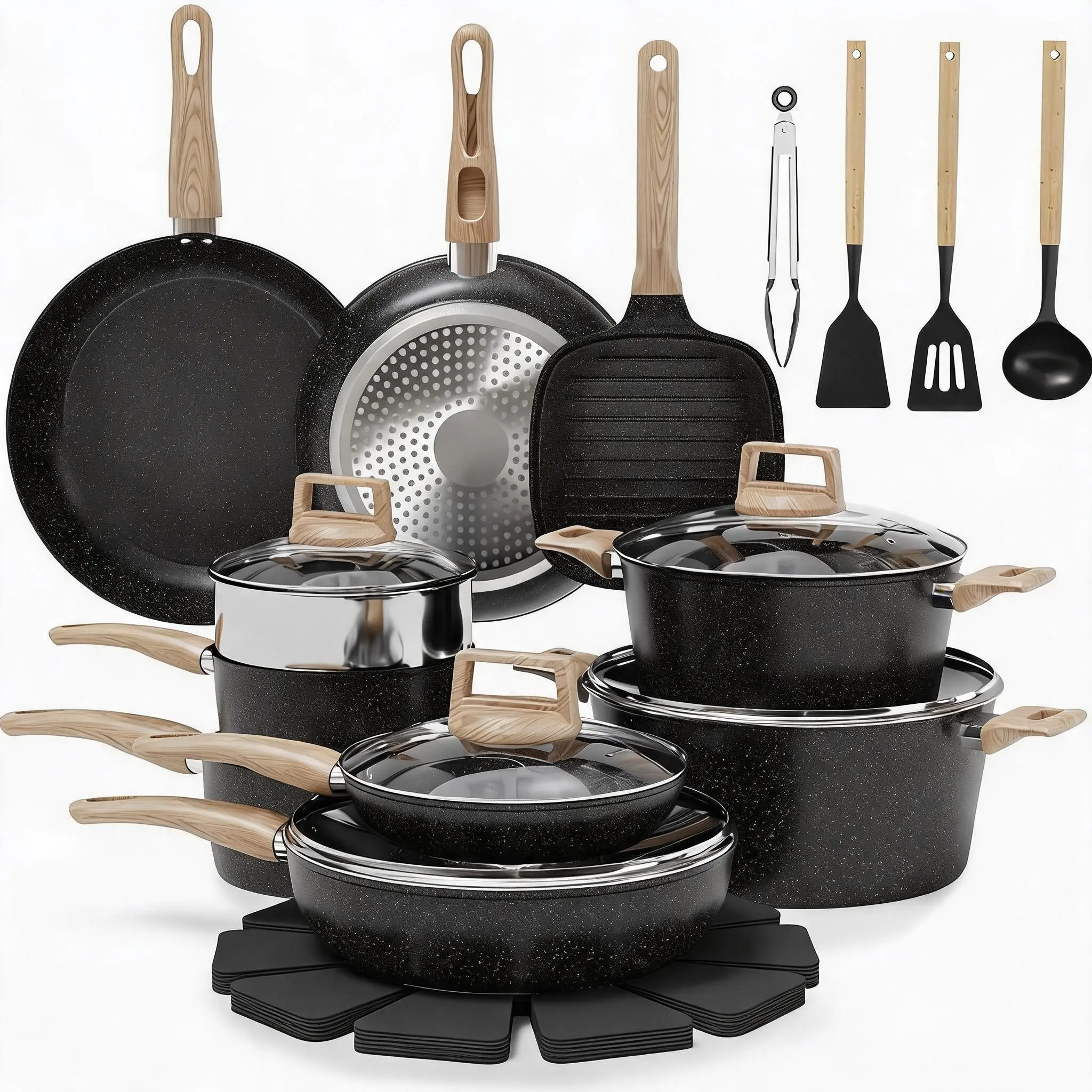 26 Piece Non-Stick Pots and Pans Set Ceramic Cookware, Frying Pans, Sauté Pan, Saucepan, Stockpot, Steamer, Grill Pan, Compatible with Gas, Induction, Black/White