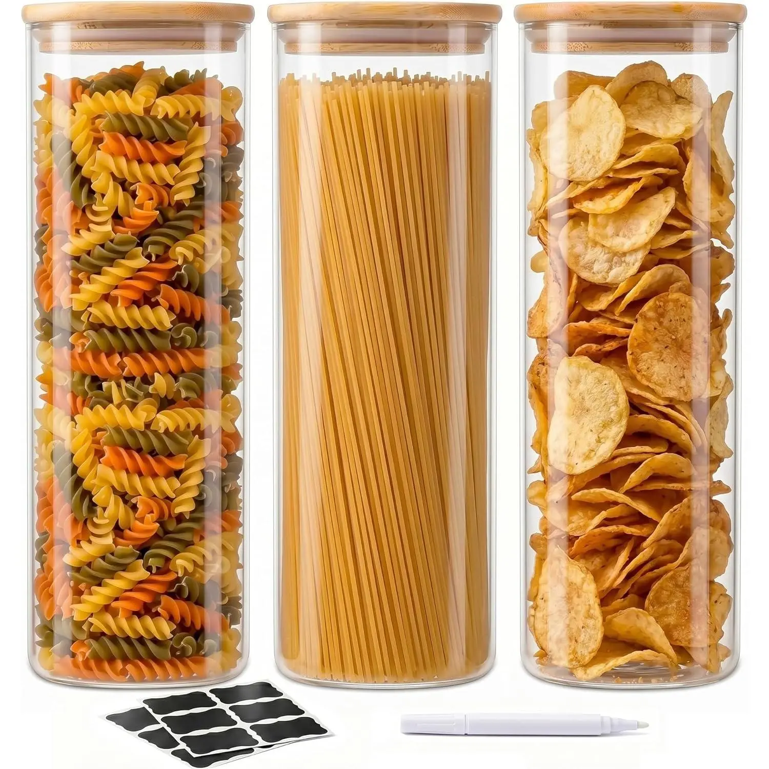 73 Oz Glass Jars - 3 Pack Food Storage Containers with Lids Square |   Food-grade durable clear canister, Bamboo seal cover, Stackable, Ideal for sorting oats, Coffee beans, Pasta & More