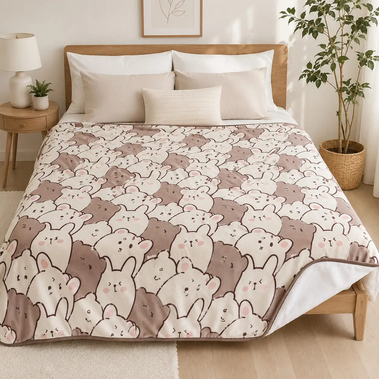 1pc Cream Kawaii Bunny & Bear Flannel Blanket #CuteBlanket #KawaiiDecor, Adorable All-Over Print with Blushing Rabbits, Chubby Bears and Funny Faces, Soft Cozy Lightweight Warm Throw for Couch, Bed, Dorm, Kids Room, Nap and Birthday Gift