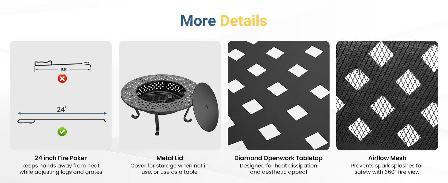 Royalcraft 43'' Fire Pit with 2 Grills, Outdoor Wood Burning Fireplace with Lid and Fire Poker, BBQ & Bonfire & Round Metal Table 3 in 1 for Patio, Backyard, Garden, Black