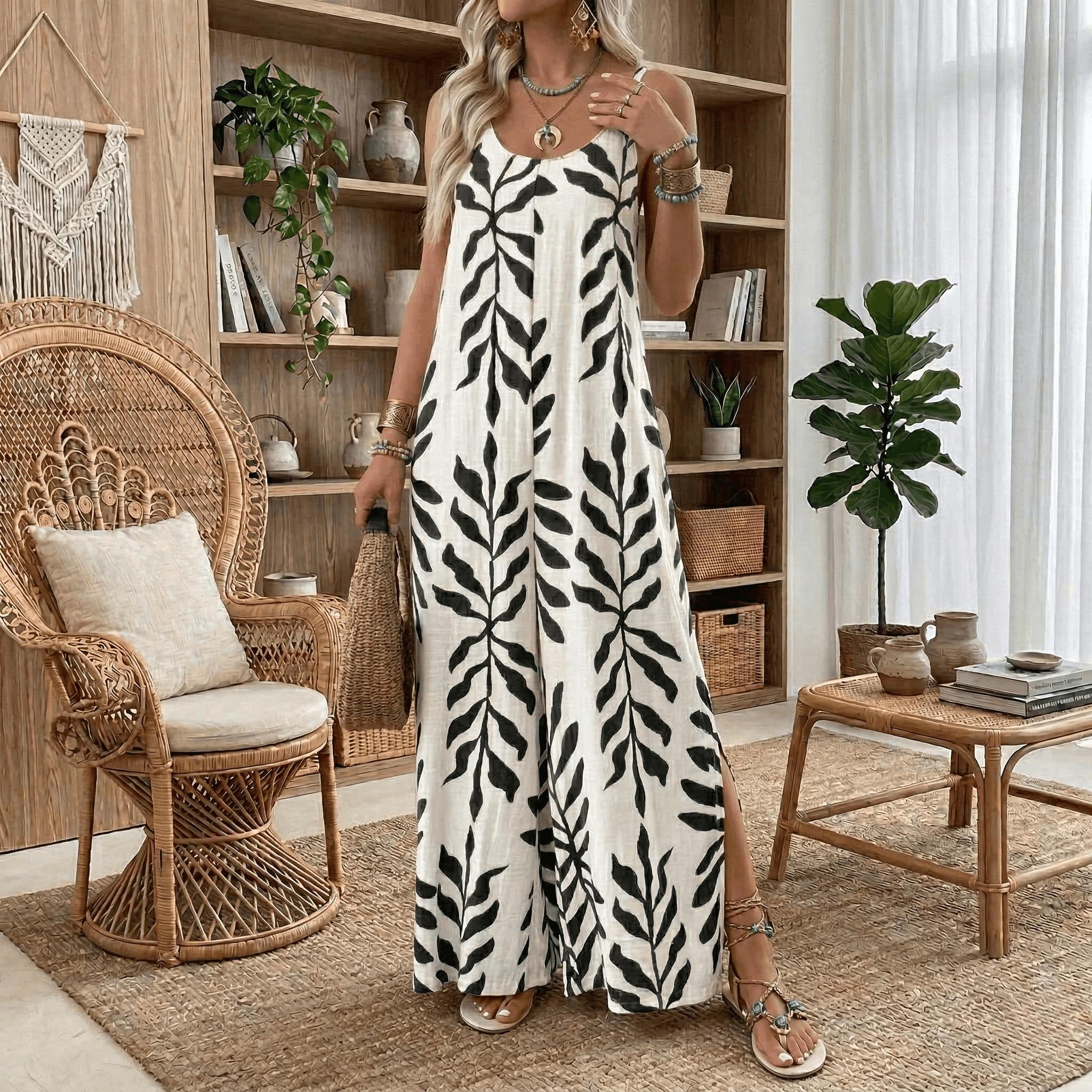 Women's Boho Tropical Print Jumpsuit, Sleeveless Wide Leg Beach Vacation Romper, Flowy One Piece Outfit