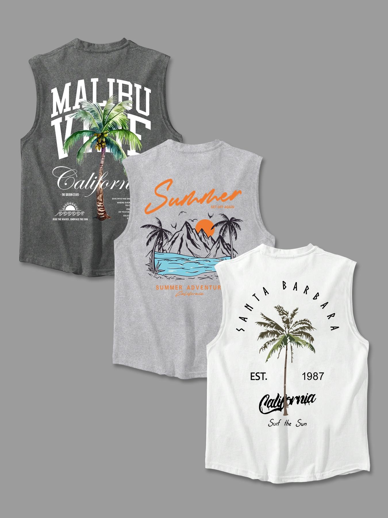 Men's Letter & Palm Tree Print Tank Top, Regular Fit Casual Soft Comfy Sleeveless Round Neck Top for Summer, Men's Clothes for Daily Wear, Stretch Tank Tops, Sleeveless Shirt