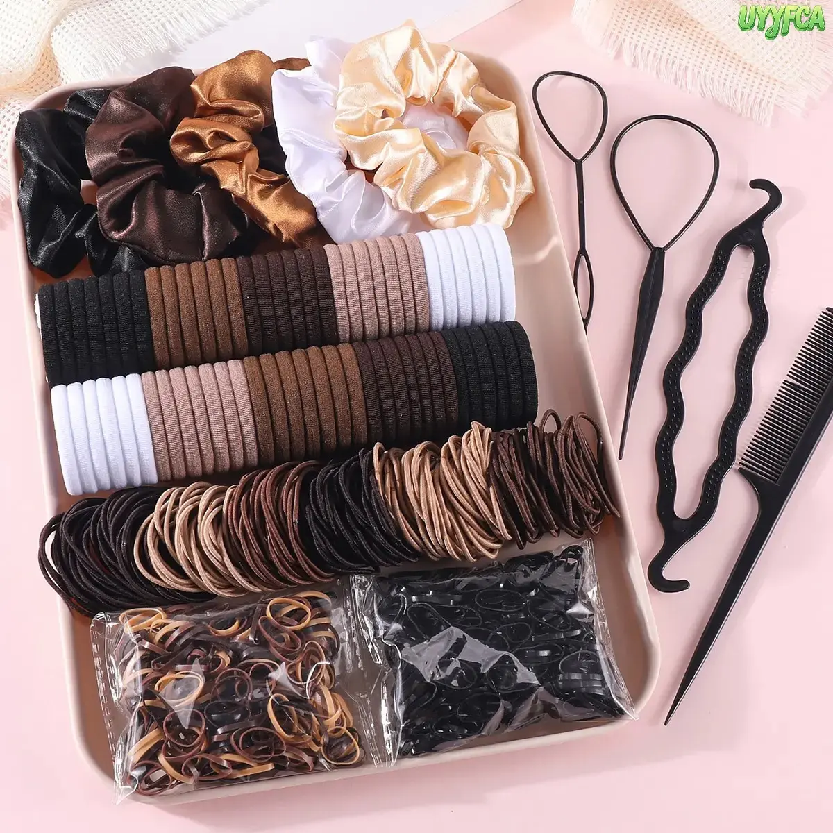 10-Piece All In One Neutral Hair Styling Accessory Kit, Satin Scrunchies, Thick Fabric Hair Elastics, Mini Rubber Bands & Braiding Tools, Damage Free Multi Color Hair Tie Set, Complete Hairstyle Prep Pack For Daily School Work Casual Updo Styling