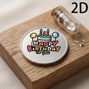 Cartoon Cake Balloon Birthday Coin, Matte Silver Color, Bubble Font, Metal Coin for Kids and Adults, Party Gift, Collectible Souvenir