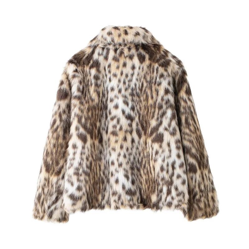 BIGWIG women's fashion leopard faux fur short jacket, plush stand collar splicing warm coat, lapel long sleeve side pocket casual coat, winter leopard faux fur loose slim fit warm coat, elegant winter fashion