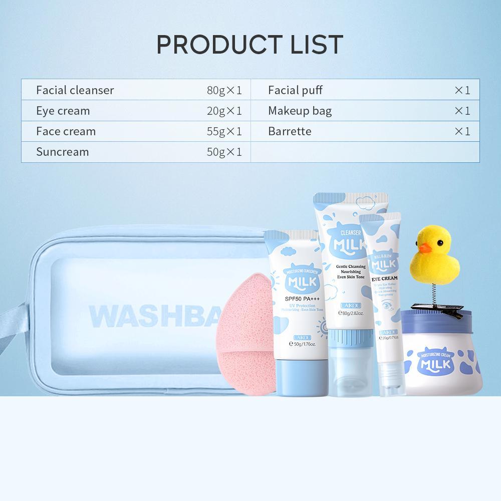 Moisturizing Hydrating Milk Skincare Kit, 1 Set Including 80g Gentle Cleansing Cleanser, 20g Eye Cream, 55g Hydrating Moisturizing Cream, 50g UV Sunscreen, 1 Sponge, 1 Duck Decor Hair Clip, 1 Bag Moisturizer Hydrate