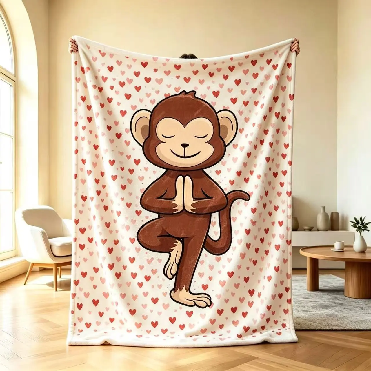 Cute Yoga Monkey Red Heart Print Flannel Throw Blanket, Neutral Beige Calm Meditation Cartoon Monkey Soft Cozy Blanket, Aesthetic Room Decor Gift for Yoga Lovers Women Valentine Present It is an excellent gift for children, family and friends