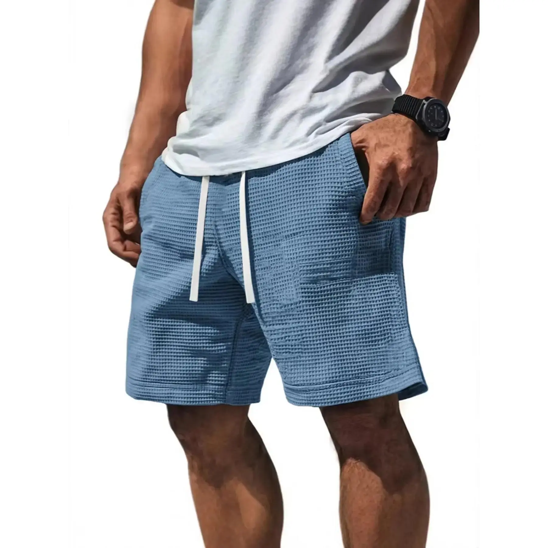 Men's Waffle Knit Casual Shorts, Elastic Drawstring Waist, Soft Breathable Loungewear Shorts, Textured Sweat Shorts for Summer, Streetwear and Daily Wear, Lightweight Shorts, Athleisure Street Shorts