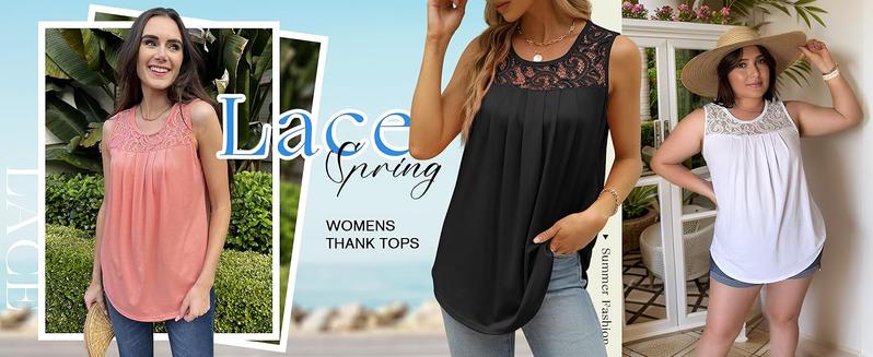 WIHOLL Summer Tank Tops for Women Loose Fit Pleated Tunics Scoop Neck Sleeveless Lace Tops Curved Hem Flowy