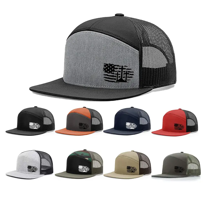 American Flag Cross Silhouette Printed Flat Bill Trucker Hat, Unisex Breathable Mesh Snapback Baseball Cap, Patriotic Christian Faith Outdoor Sun Hat for Ranch Camping Daily Casual Wear