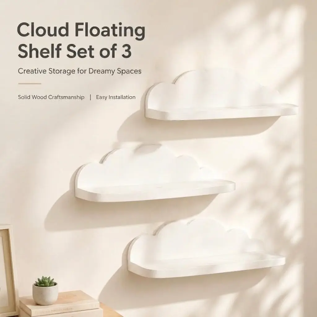 3 Piece Cloud Floating Wall Shelf Set, Cute Cloud Design Display Rack, Room and Bedroom Wall Decor, Decoration Items, Hanging Bracket