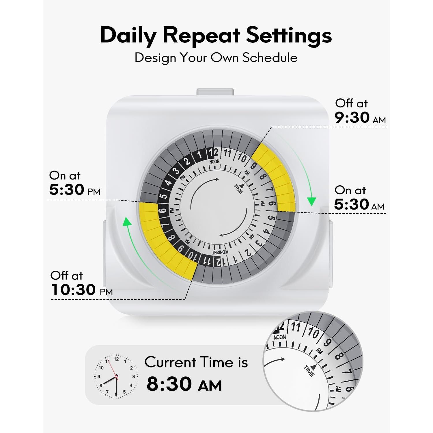 Indoor Mechanical Outlet Timer, 3 Prong Plug in Electrical Timers, Indoor Lights Timer with 2 Grounded Outlets for Aquariums, Grow Lights, ETL Listed Indoor Mechanical Outlet Timer, 3 Prong Plug in Electrical Timers, Indoor Lights Timer with 2 Grounded Outlets for Aquariums, Grow Lights, ETL Listed