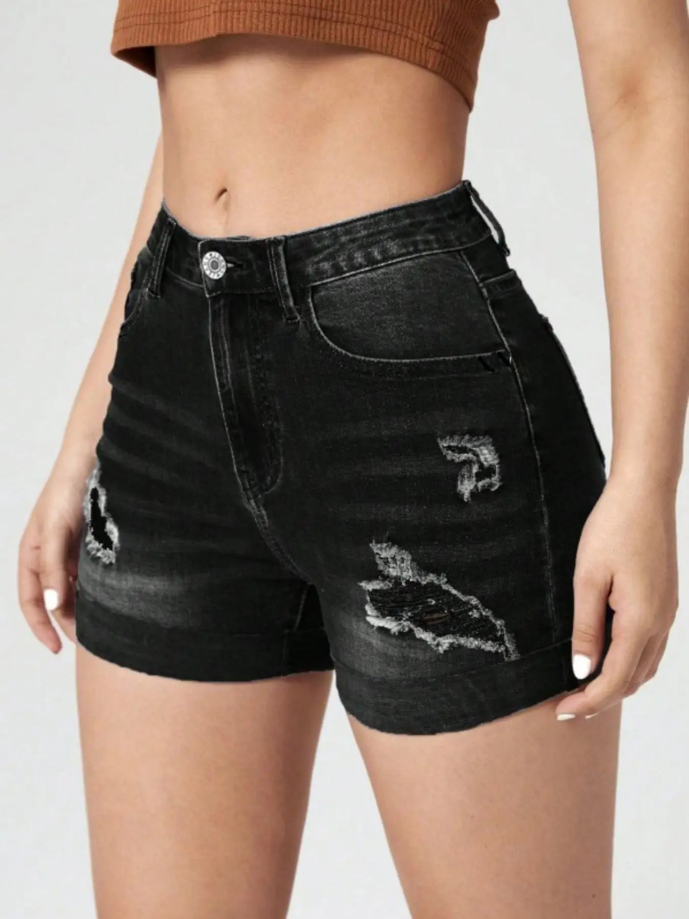 Women's Ripped Raw Hem High Waist Denim Shorts, Casual Pocket Button Fly Skinny Fit Jean Shorts for Summer, Fashion Bottoms for Daily Wear, Fraved Denim Short, Button Front Shorts, Casual Fashionable Shorts