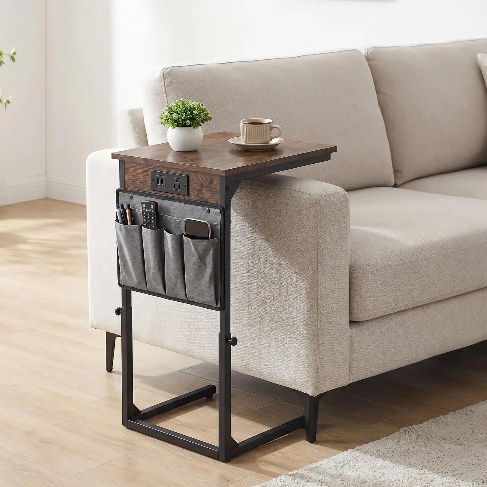C-Shaped End Table with Charging Station, Space-Saving Slide-Under Sofa Side Table, Burned Color Small TV Tray for Eating, Reading and Living Room Use
