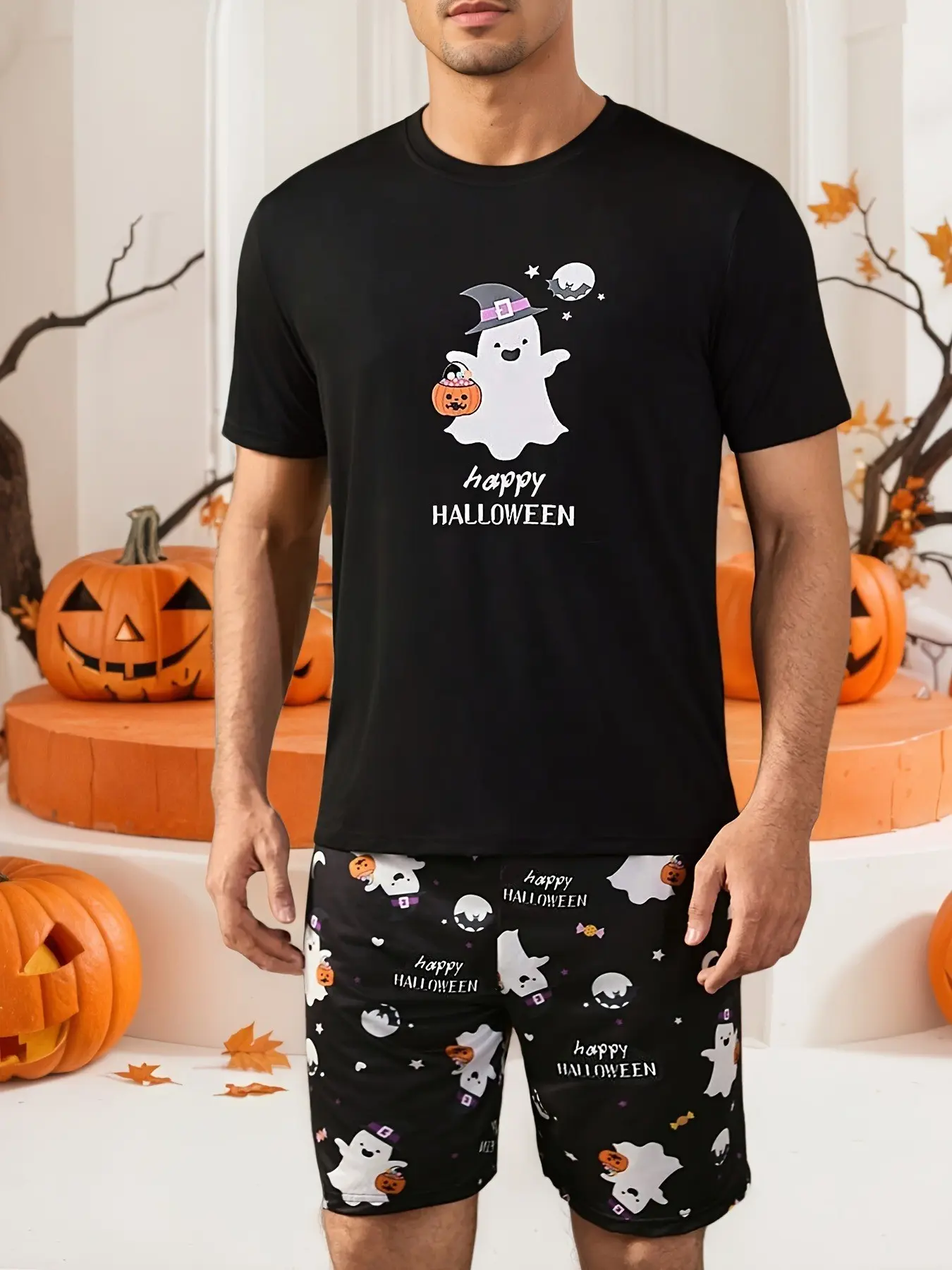 Men's Halloween Costume Set, Cartoon Witch Hat Ghost Pumpkin Candy Pattern, 3D Digital Print, Short Sleeve T-Shirt and Shorts, Casual Wear