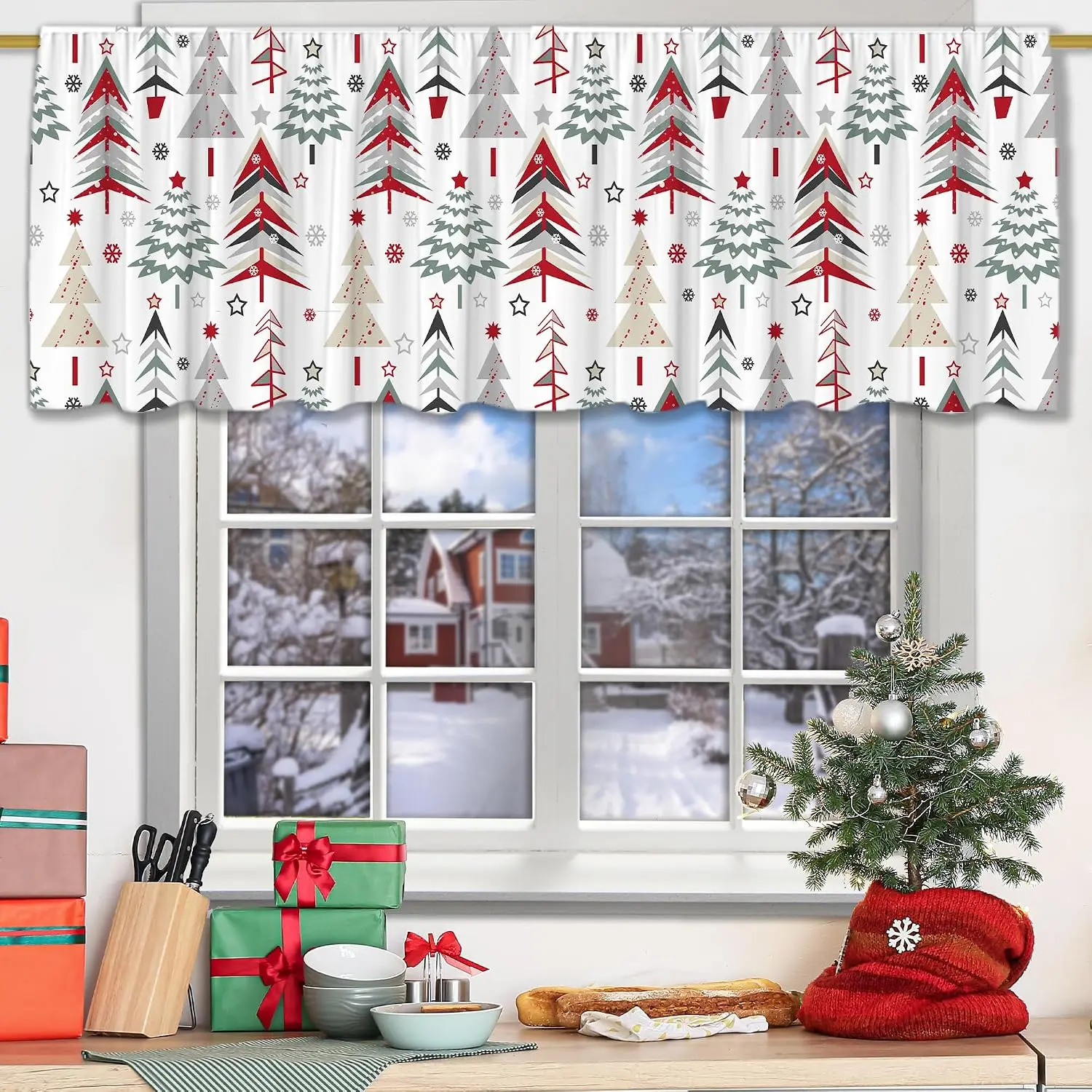 Merry Christmas Valance Curtain for Kitchen, Christmas Trees Decorations Window Valance for Living Room Bedroom, Winter Trees Valance 18" X 54" Xmas Decor Window  Rod Pocket Valances