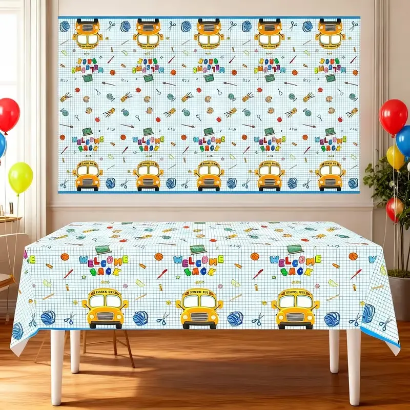 2D Flat Party Tablecloth 1pc, Blue Math Grid Bus Print, Polyester Material, Classroom Welcome Setup, Teacher Supplies