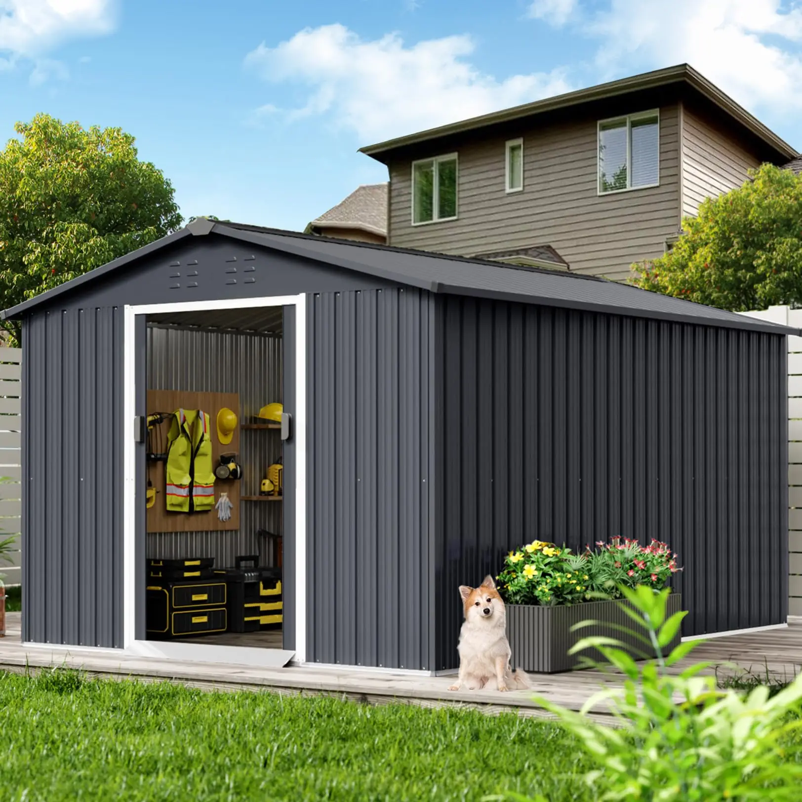 GARVEE 8x12 FT Outdoor Storage Shed, Metal Garden Shed with Lockable Door, Vents, and Sloped Roof, Utility Metal Tool Storage Sheds for Backyard, Patio, Poolside, Gray